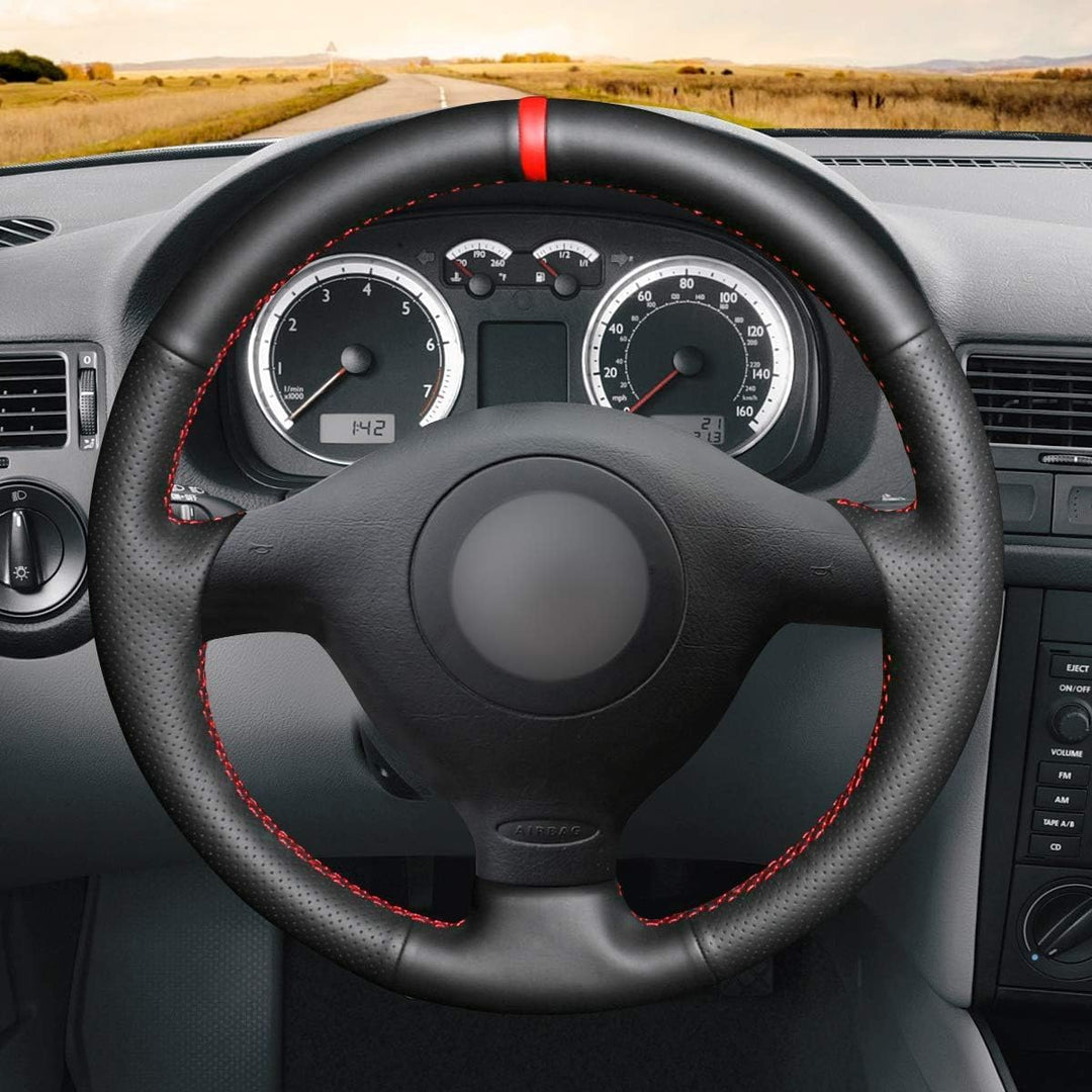 MEWANT Handgenähter Schwarzer Kunstleder Lenkradbezug für Passat B5 für Golf 4 (IV) für Bora für Sha