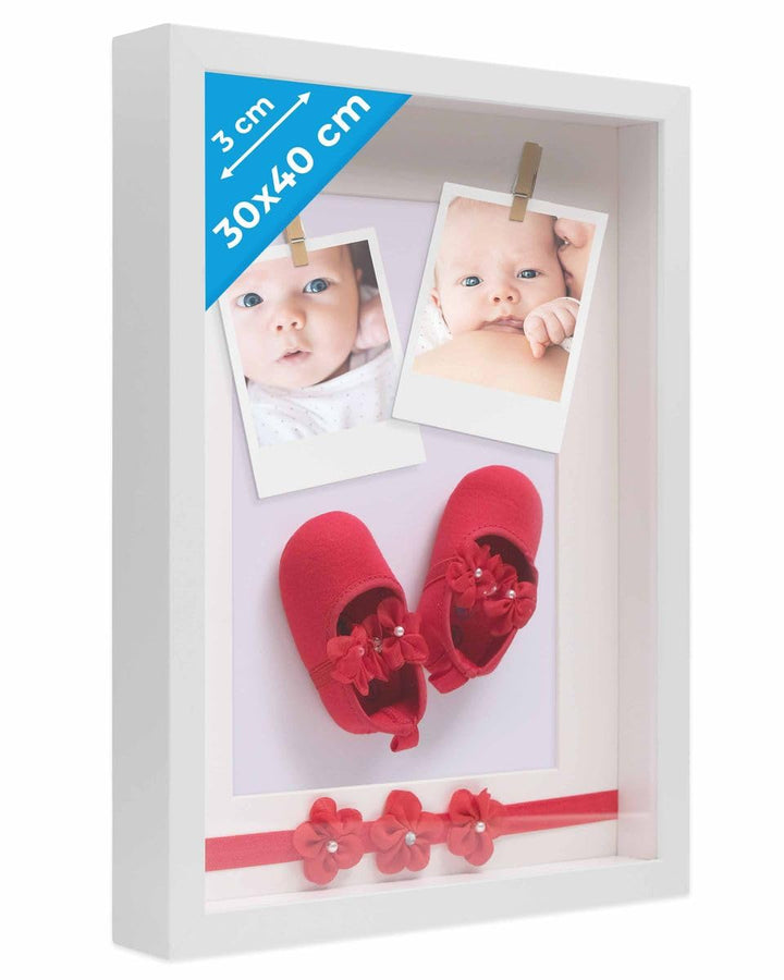 PHOTOLINI 3D Bilderrahmen zum Befüllen 30x40 Weiss gross, 3 cm tiefer Objektrahmen mit Glas, tiefer