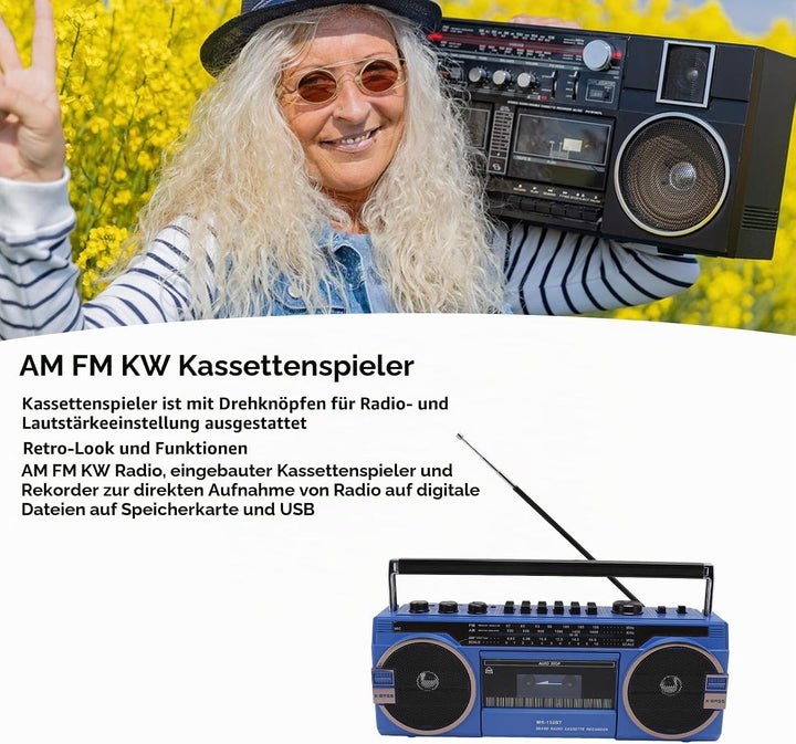 Kassetten Boombox, Retro Blueooth Boombox mit USB, SD und 3,5 Mm AUX Eingang, AM FM SW Kassettenspie