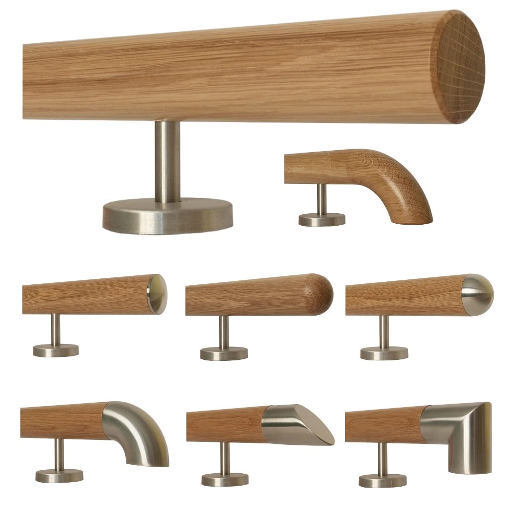 TIBU Eiche Holz Handlauf Geländer 0,3m - 6m, Länge 50 cm, Ende gefast und 2 gerade Halter 50 mit 2 H