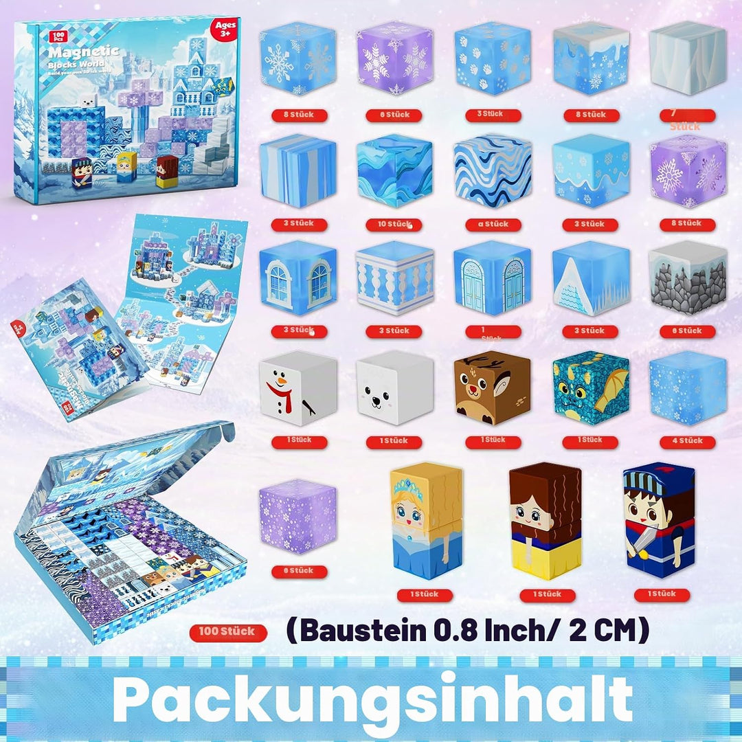 Magnetische Bausteine, 100 Pcs Magnetbausteine bauen einer eisblaue Zauberwelt, kreative Kinderspiel