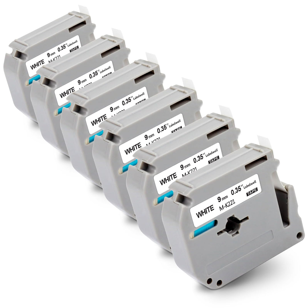 6x Labelwell kompatibel für Brother MK-221 9mm 3/8 White Ersatz für MK-221S MK221 MK221S Schriftband