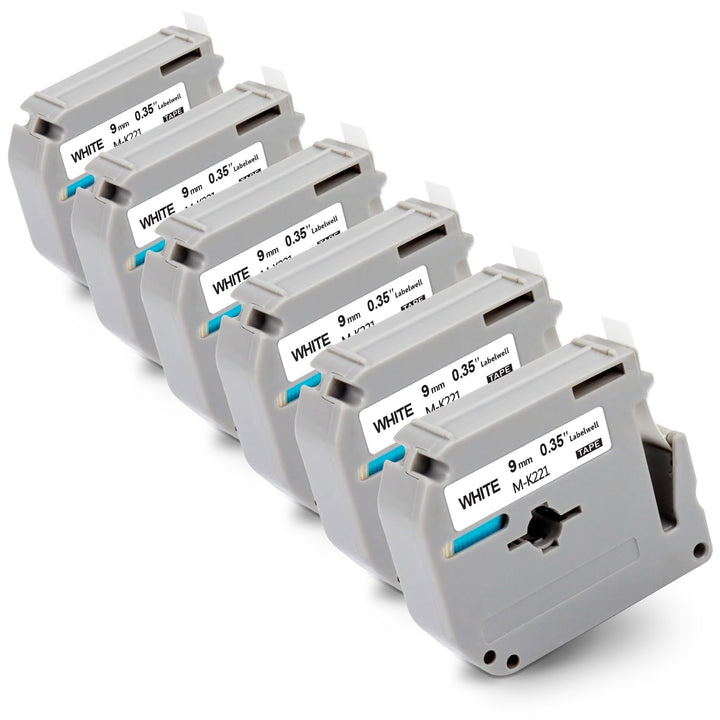6x Labelwell kompatibel für Brother MK-221 9mm 3/8 White Ersatz für MK-221S MK221 MK221S Schriftband