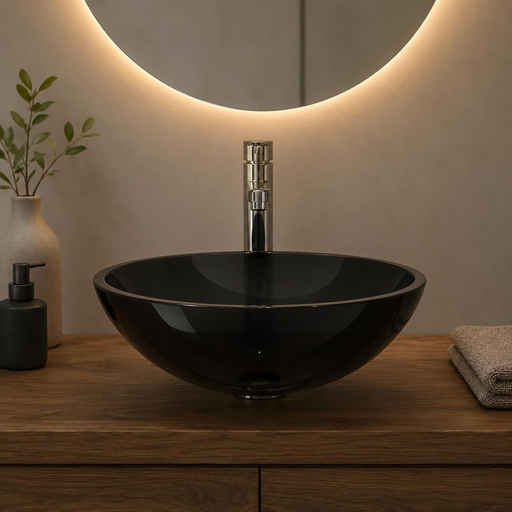 Art-of-Baan Premium Waschbecken rund - edles Aufsatzwaschbecken - schwarz Glas Becken für Waschtisch