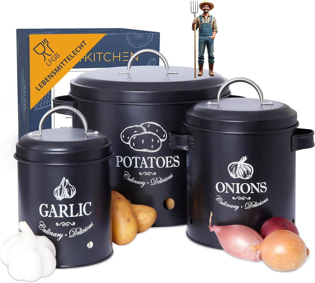 HIKITCHEN Vorratsbehälter Set I Perfekt als Kartoffeltopf, Knoblauchtopf und Zwiebeltopf I Die stilv