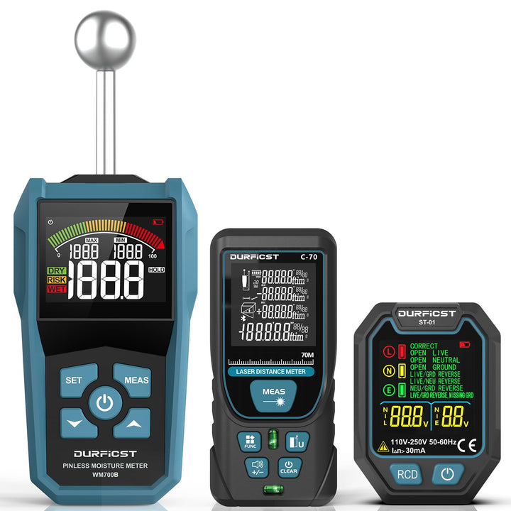 DURFICST Haustest-Kit, 3-in-1-Feuchtigkeitsmessgerät&Laser Entfernungsmesser&Steckdosentester, Feuch