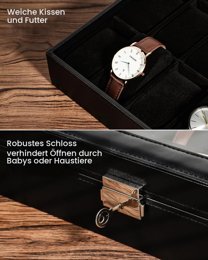Uten Uhrenbox mit 24 Fächern, Uhrenbox mit Schlüsselschloss, Glasabdeckung, Uhrendisplay Aufbewahrun