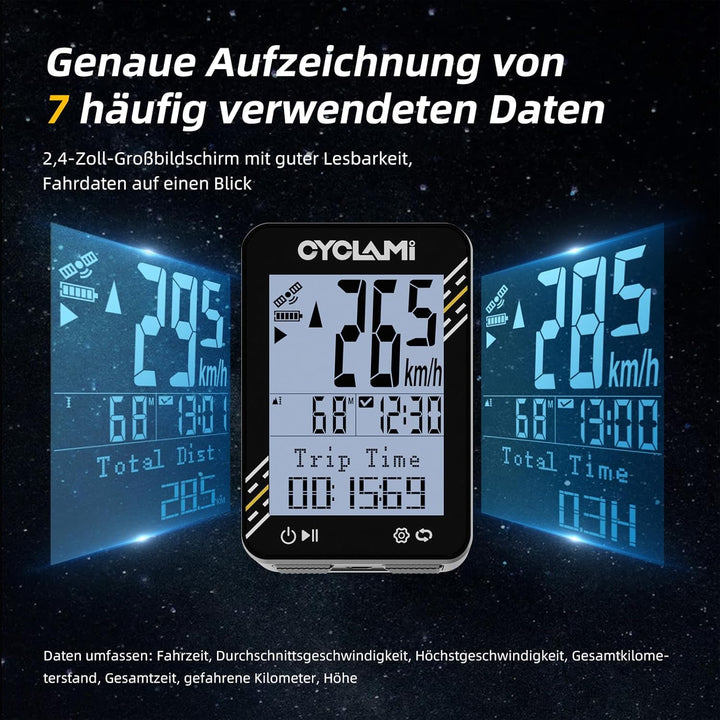 Fahrradcomputer Wireless – 5-Satelliten-GPS-Fahrradtacho und Kilometerzähler – 2,4-Zoll-Display, auc