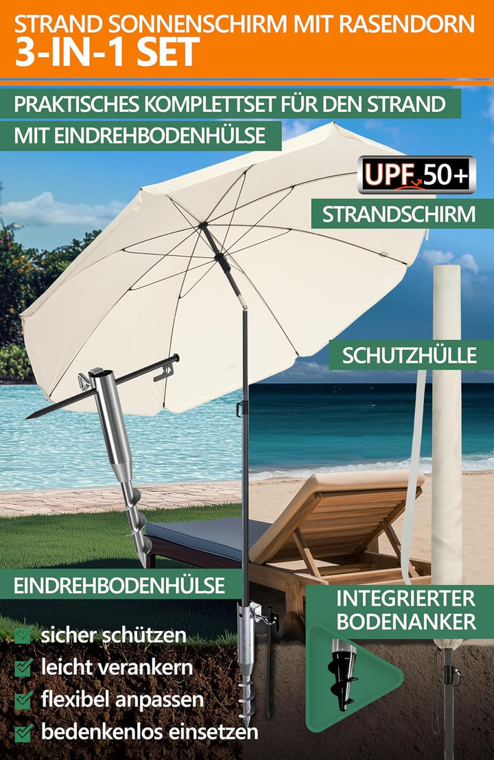 4smile Sonnenschirm Strand 3-IN-1-SET, Ø180 cm Strandschirm windfest stabil + Schutzhülle + Eindrehb