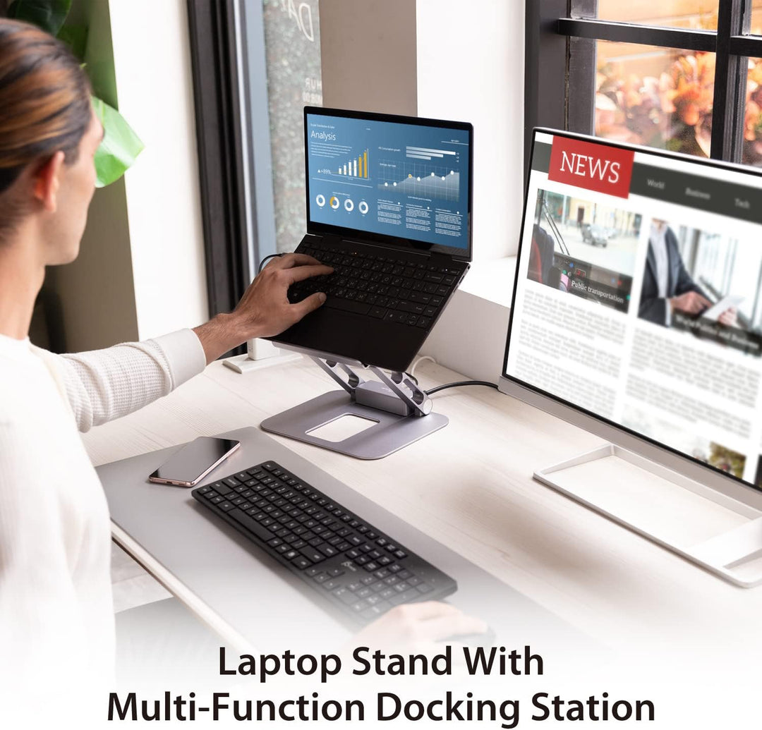 j5create Laptop-Ständer mit USB C 4K HDMI Display Hub - 2 USB A 5Gbps, PD 100W mit USB-C 5Gbps | Alu