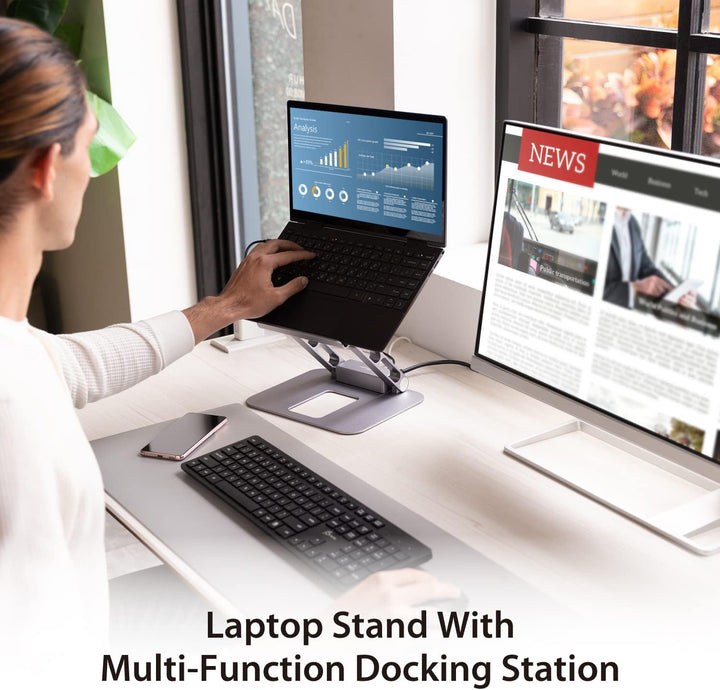 j5create Laptop-Ständer mit USB C 4K HDMI Display Hub - 2 USB A 5Gbps, PD 100W mit USB-C 5Gbps | Alu