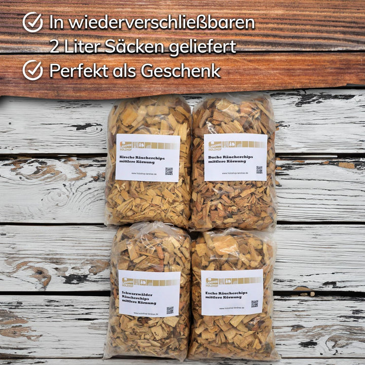 Landree Räucherchips Set 4 x 2 Liter, Räucherspäne, Räuchermehl Kirsche, Buche, Schwarzwälder, Esche