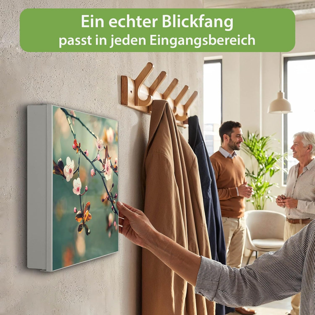 banjado® Grosser Schlüsselkasten Glas/Schlüsselbox 30cm x 30cm mit 50 Haken - Motiv Japankirsche/Sch