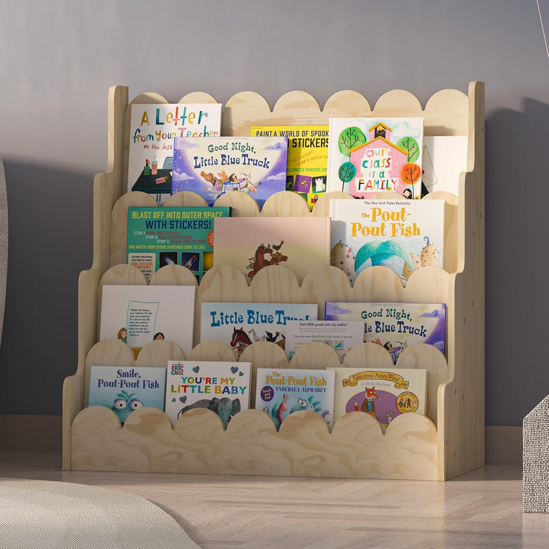 Bücherregal Kinder aus Kieferholz, Kinderregal mit 4 Ablage montessori Regal stehend für Kinderzimme