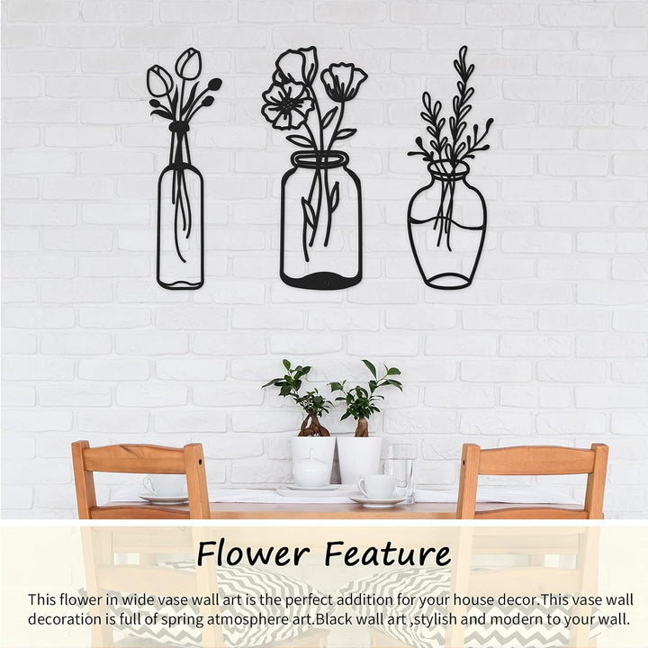 3 Stück Metall Blume Wanddekor Minimalistische Vase Wandkunst Schwarze Tulpe Draht Eisen Dekor Blume