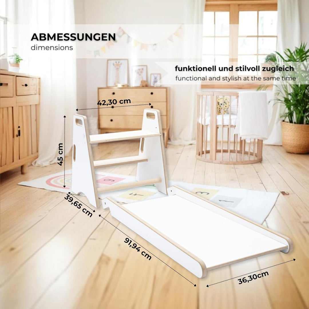 MAMOI Kinder Indoor Rutsche – 2-in-1 Holzrutsche & Tritthocker | Montessori Kinderrutsche & Küchenhe
