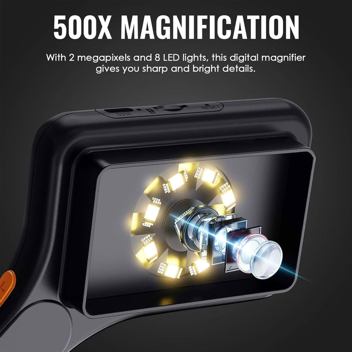 Tragbares 500-faches digitales Mikroskop mit 7,6 cm IPS-Bildschirm, 8 LED-Leuchten, Autofokus, 2-MP-