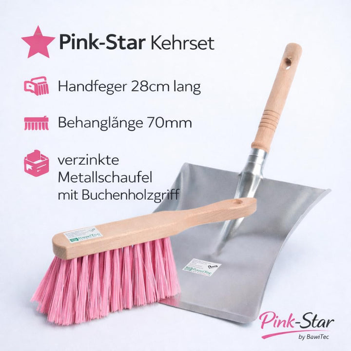 Pink-Star Besen Handfeger Set mit Pinker Borste und Metall-Kehrschaufel mit Holzgriff Kehrgarnitur f