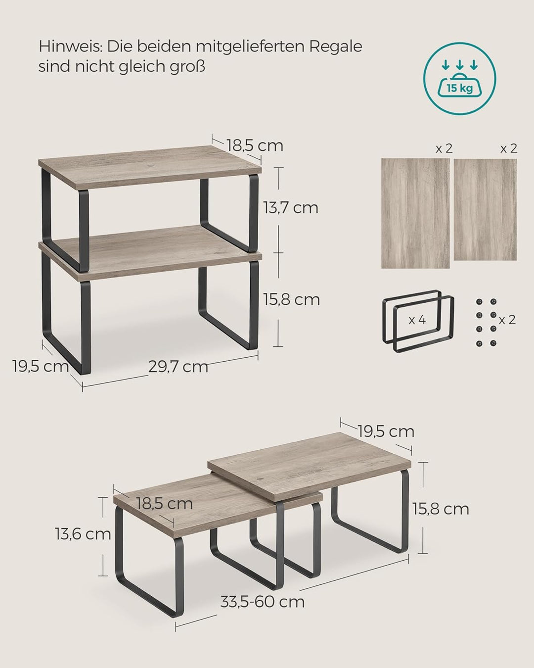 SONGMICS Gewürzregal, 4er Set, Küchenregal, Küchen-Organizer, erweiterbar, Gewürzhalter, stapelbar,
