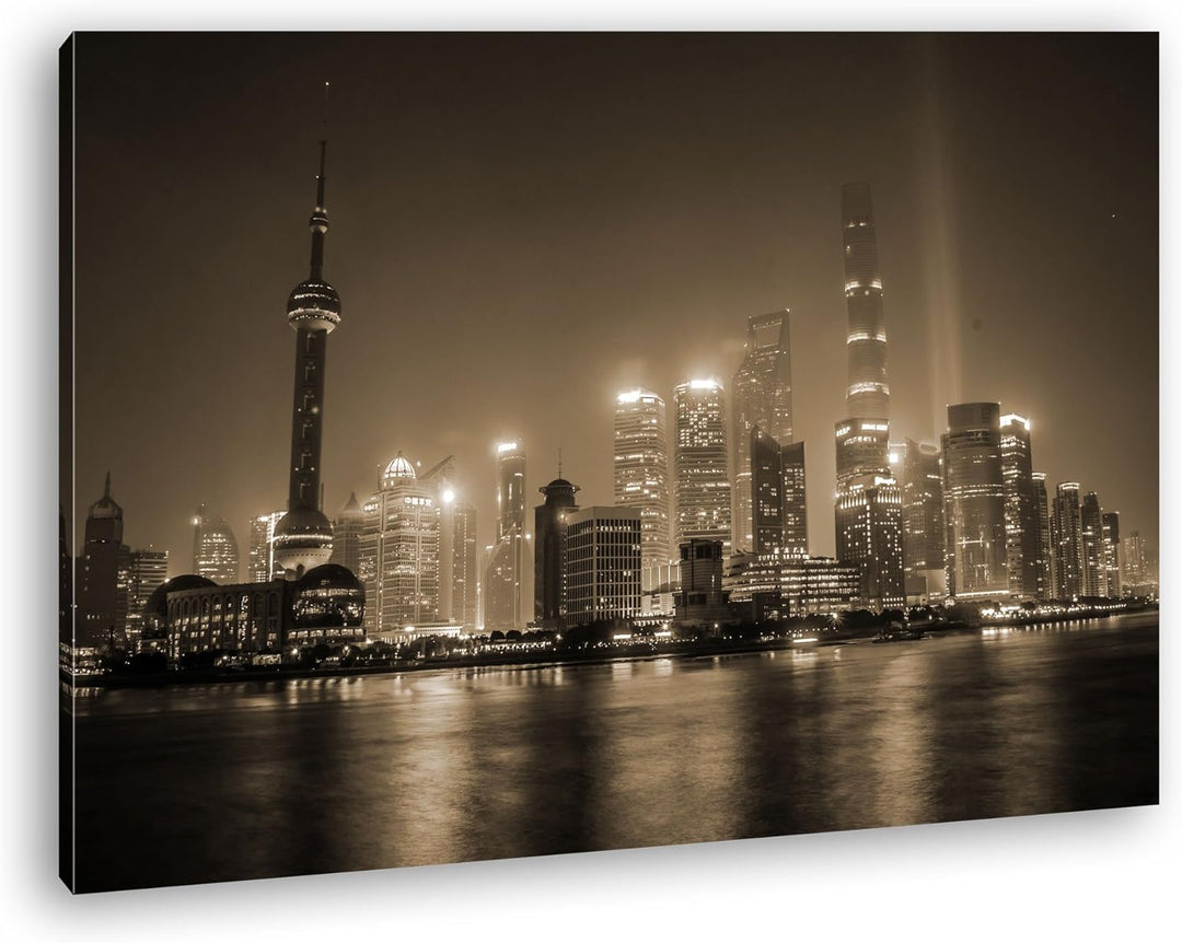 deyoli atemberaubende Shanghai Skyline Format: 80x60 Effekt: Sepia als Leinwandbild, Motiv fertig ge