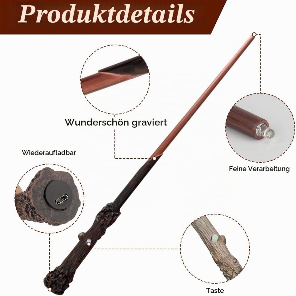 Hojalis Harry Zauberstab mit Licht, 35CM Zauberstabs-Hpotter, Zauberstabs aus Harz, USB Aufladung Ma