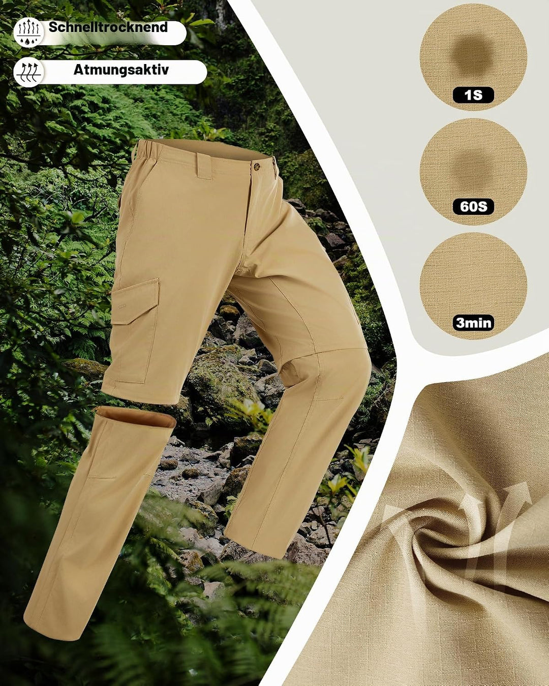 33,000ft Wanderhose Herren Zip Off Trekkinghose, Atmungsaktiv Abnehmbar Stretch Outdoorhose mit 6 Ta