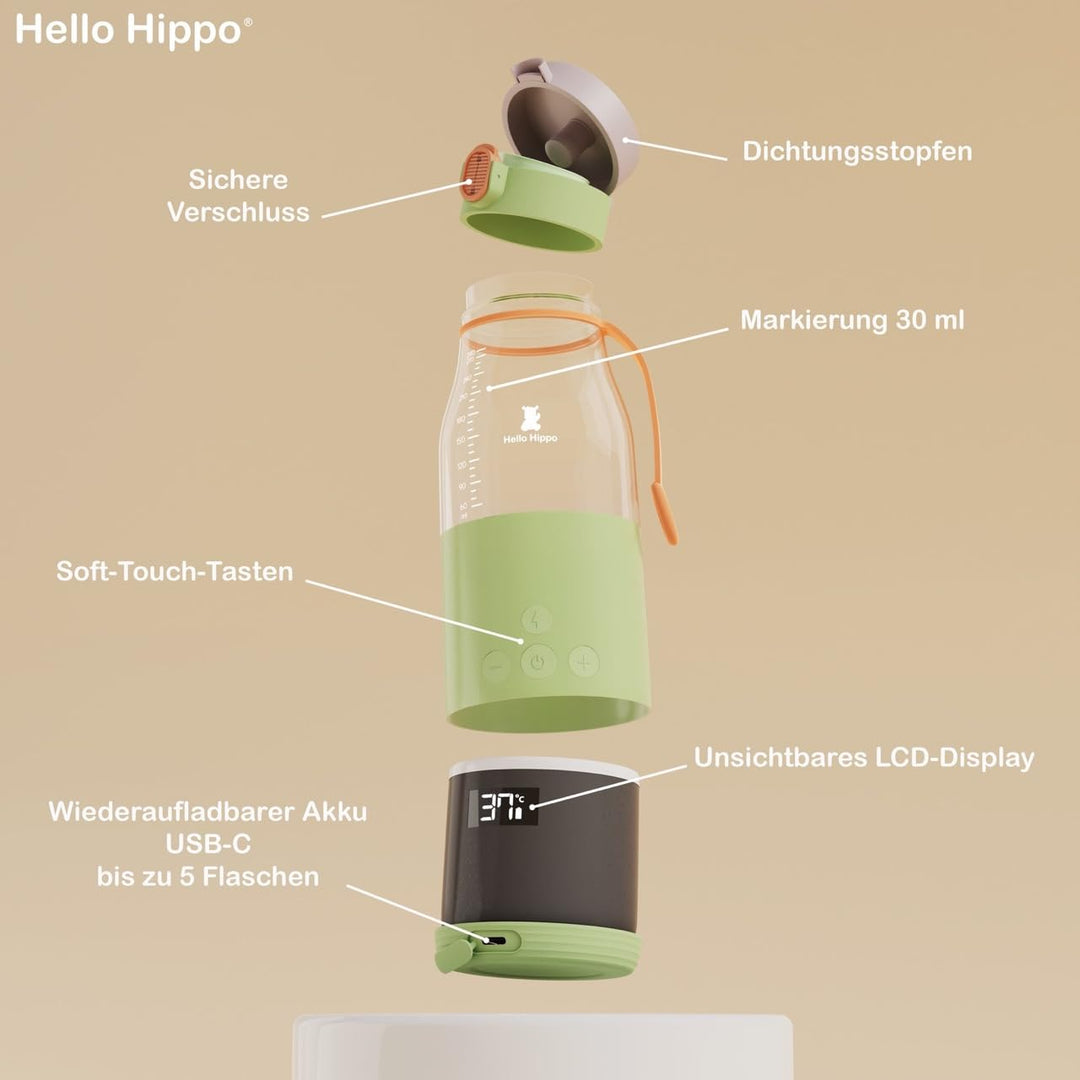 HELLO HIPPO® Tragbarer Babyflaschenwärmer – Mobiler Flaschenwärmer mit USB-Ladefunktion – 280 ml – E