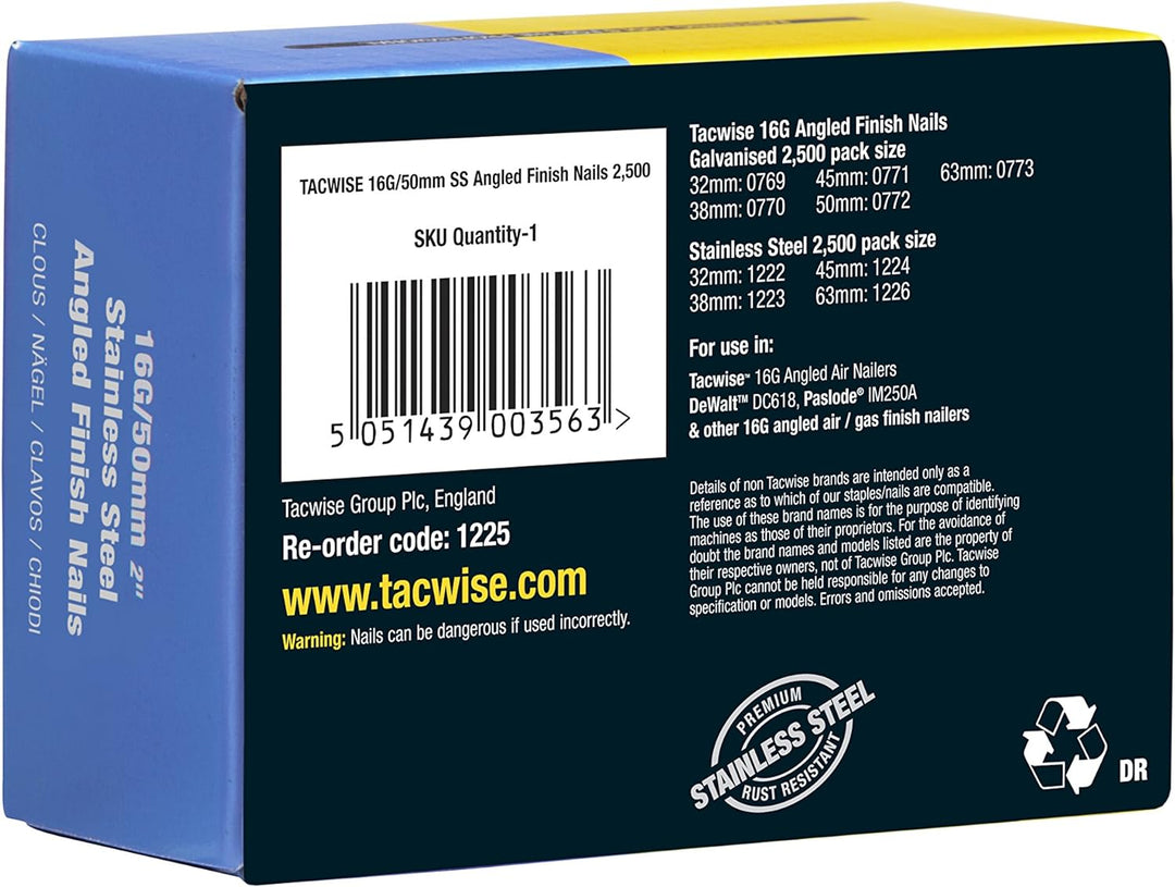 Tacwise 1225 Edelstahl-Nägel Gewinkelt 16G/50mm (2.500 Stück), silber 50 mm, 50 mm
