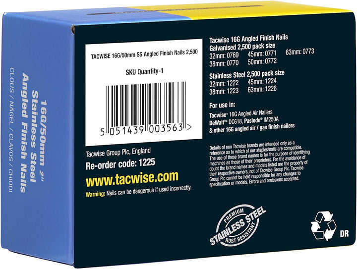 Tacwise 1225 Edelstahl-Nägel Gewinkelt 16G/50mm (2.500 Stück), silber 50 mm, 50 mm