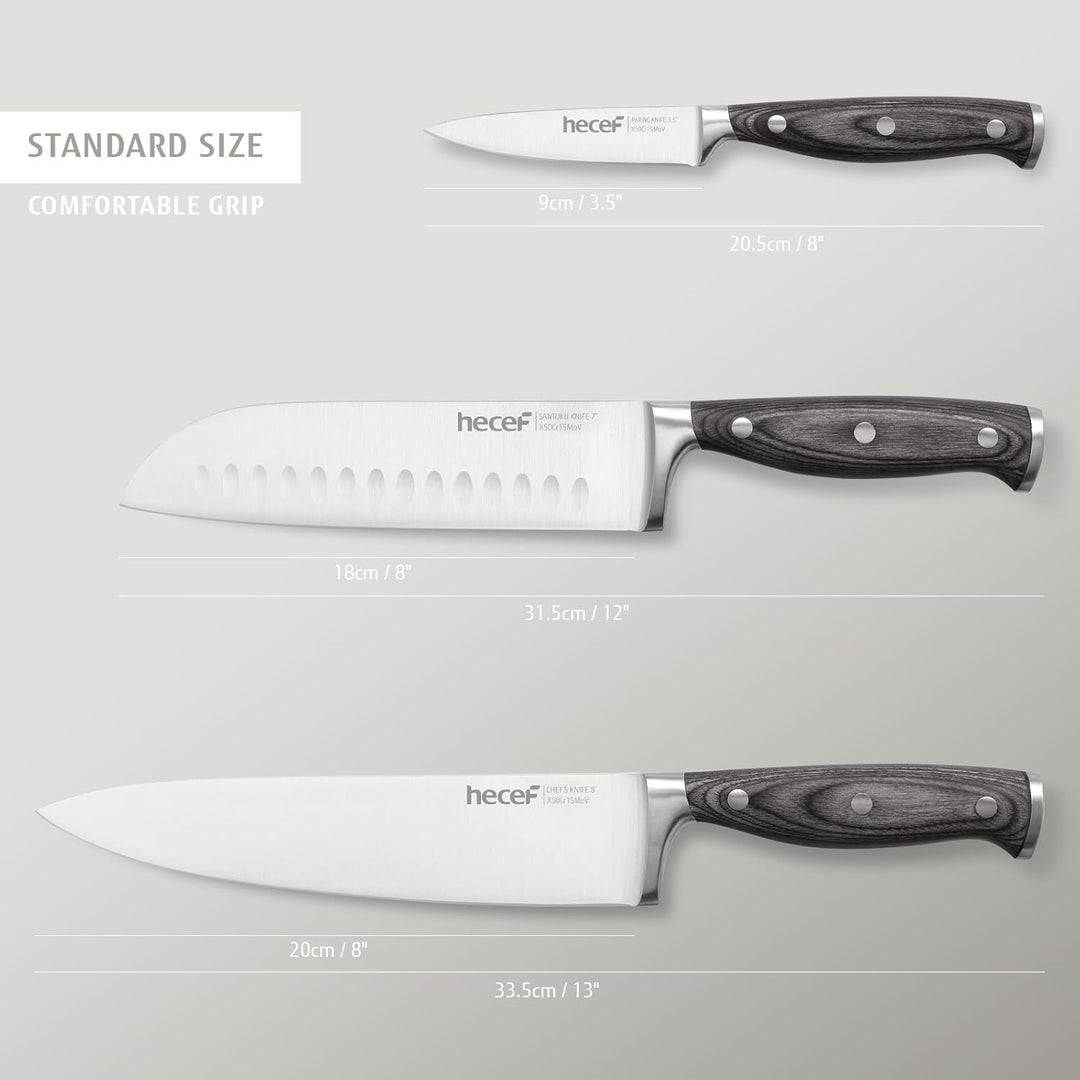 hecef Messerset, 3 tlg Küchenmesser Set mit Pakkawood Griff, Full-tang, Scharfes Kochmesser Profi Me