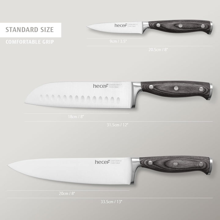 hecef Messerset, 3 tlg Küchenmesser Set mit Pakkawood Griff, Full-tang, Scharfes Kochmesser Profi Me
