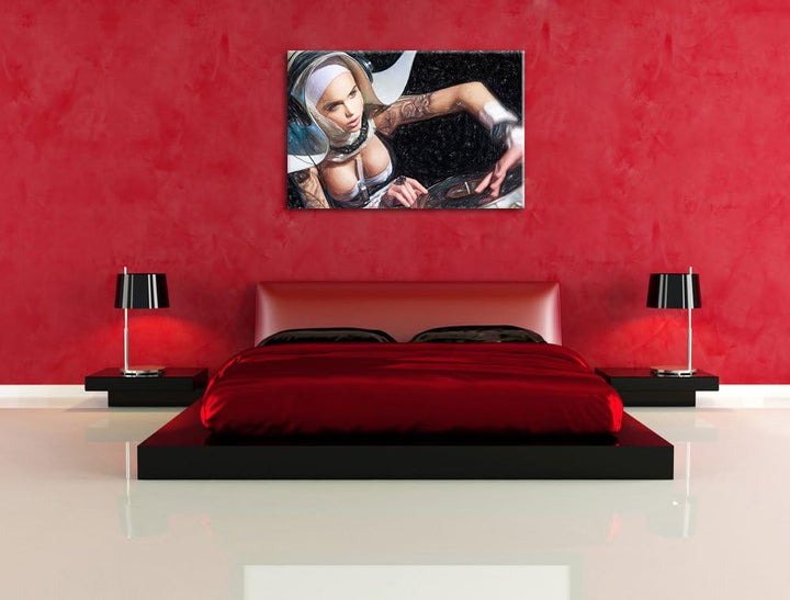 Pixxprint Tätowierte DJ Frau als Leinwandbild/Grösse: 100x70 cm/Wandbild/Kunstdruck/fertig bespannt,