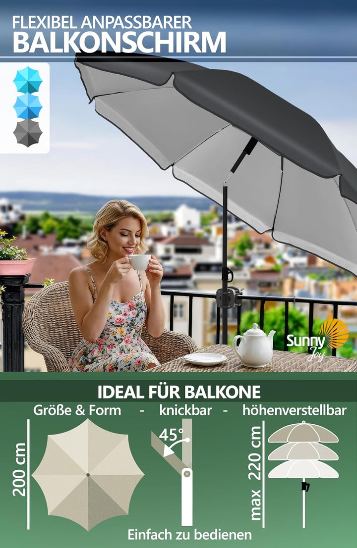 4smile Sonnenschirm Balkon SunnyJoy, 3-in-1 SET, Anthrazit - UPF 50+ Sonnenschirm Ø 200 cm + Sonnens