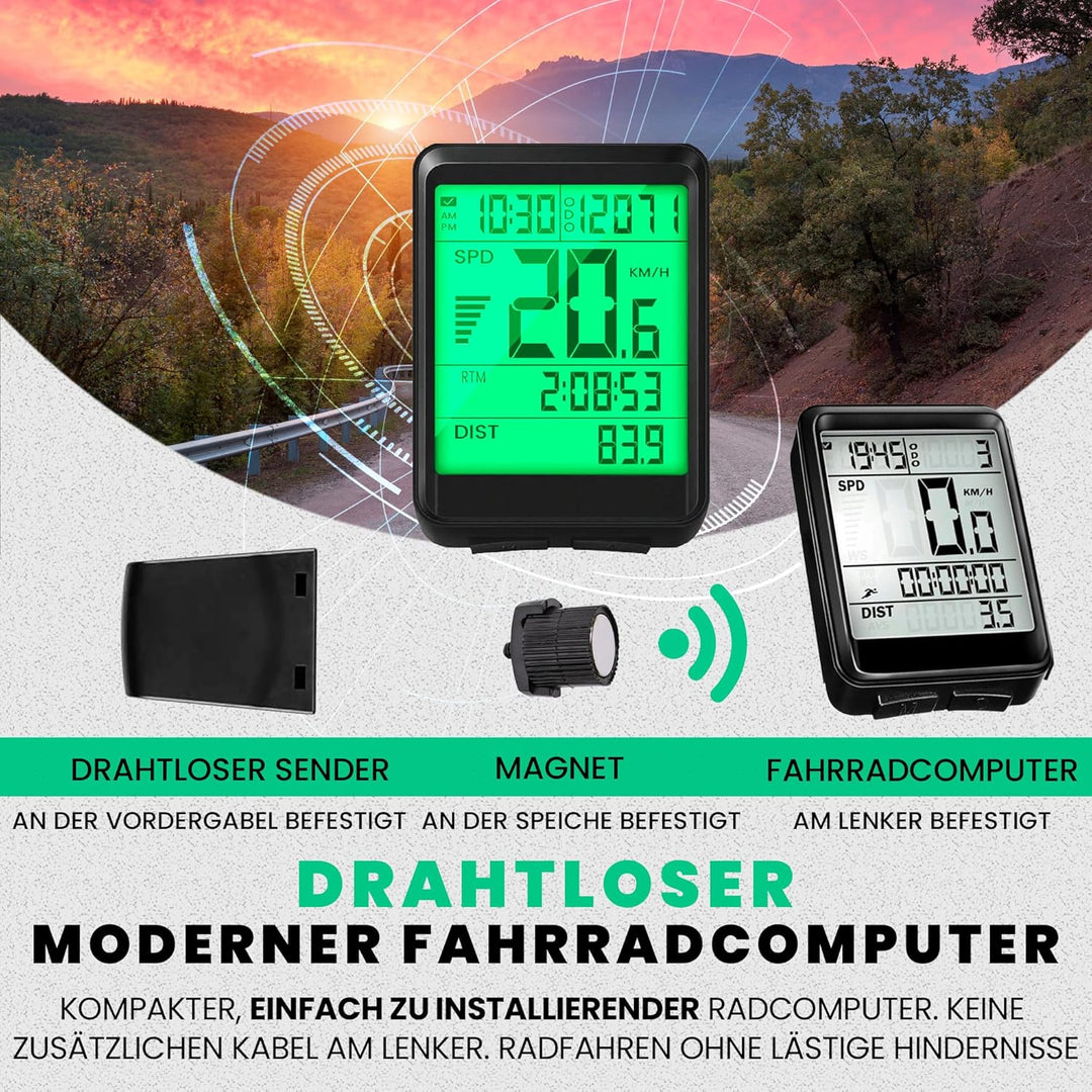 Strex Fahrradcomputer Kabellos - Wasserdicht - 17 Funktionen - Extra Grosser Bildschirm