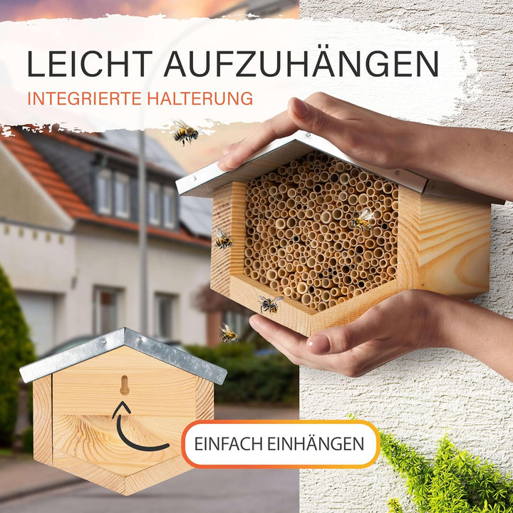 Beesi Bienenhotel mit wetterfestem Metalldach I Bienenhaus mit Schilfröhrchen I Verschiedene Durchme