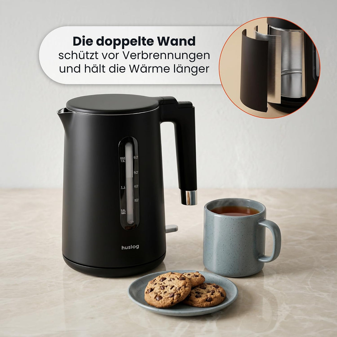 Wasserkocher 1,5L 2200W Double Wall Cool-Touch Edelstahl 304, BPA-frei, mit Wasserstandsanzeige, 360
