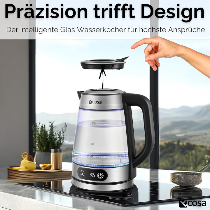 Ecosa® Glas Wasserkocher mit Temperatureinstellung 1,8 Liter 2.200 Watt Edelstahl mit Temperaturwahl