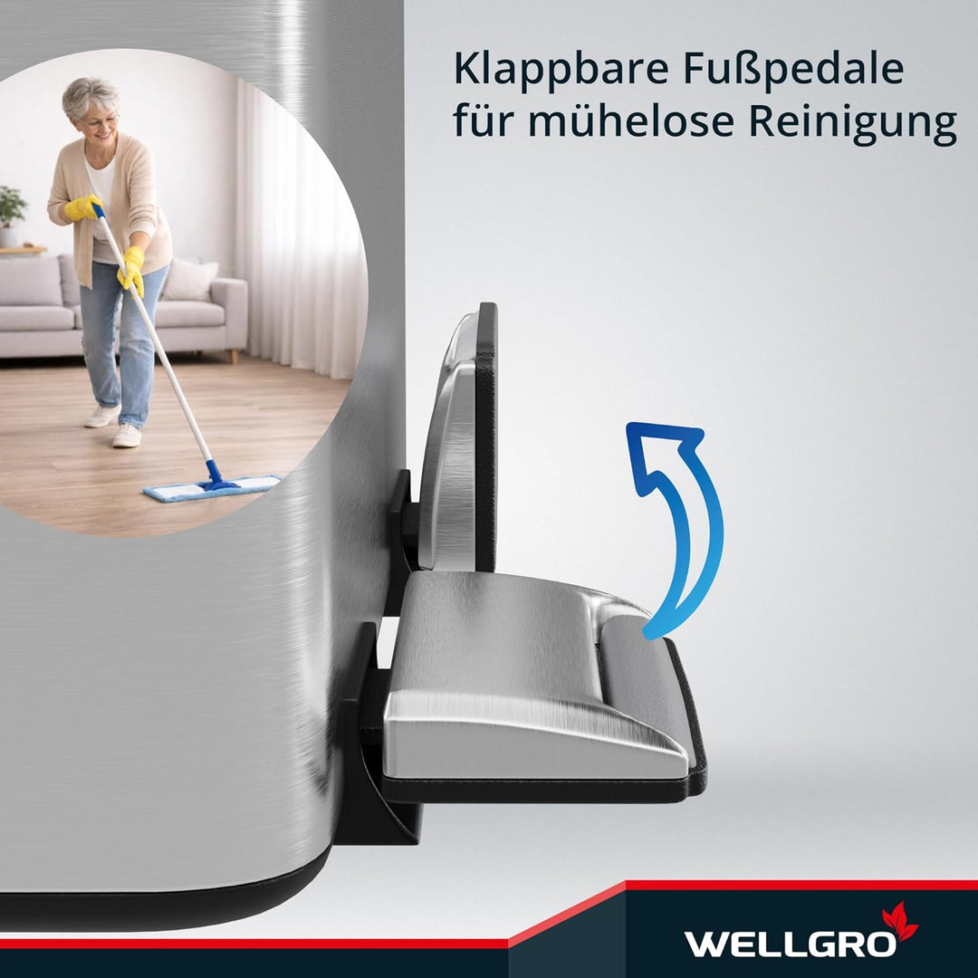 WELLGRO Mülleimer Küche 30 Liter – Edelstahl Treteimer 2x15 Liter silber mit Softclose-Deckel, Müllt