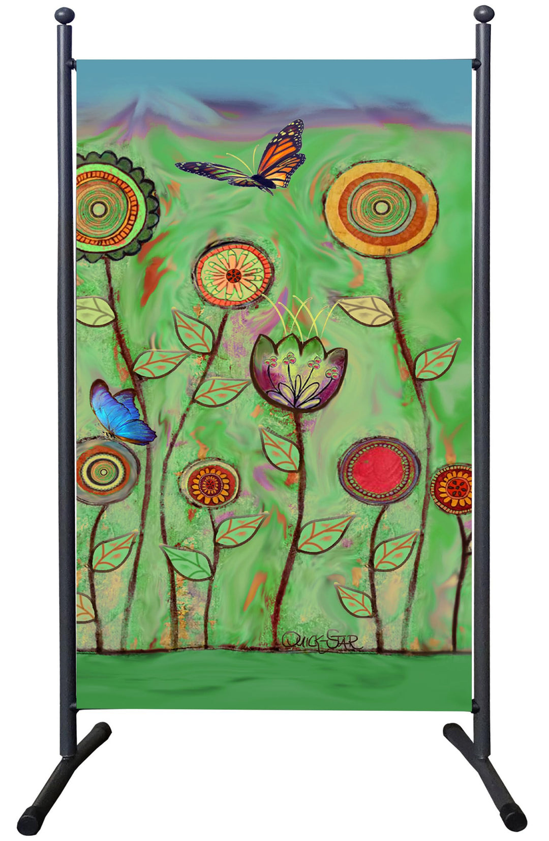 QUICK STAR Paravent Outdoor Wetterfest 180 x 78 cm Green Flowers | Raumteiler Stellwand Innen | Gart