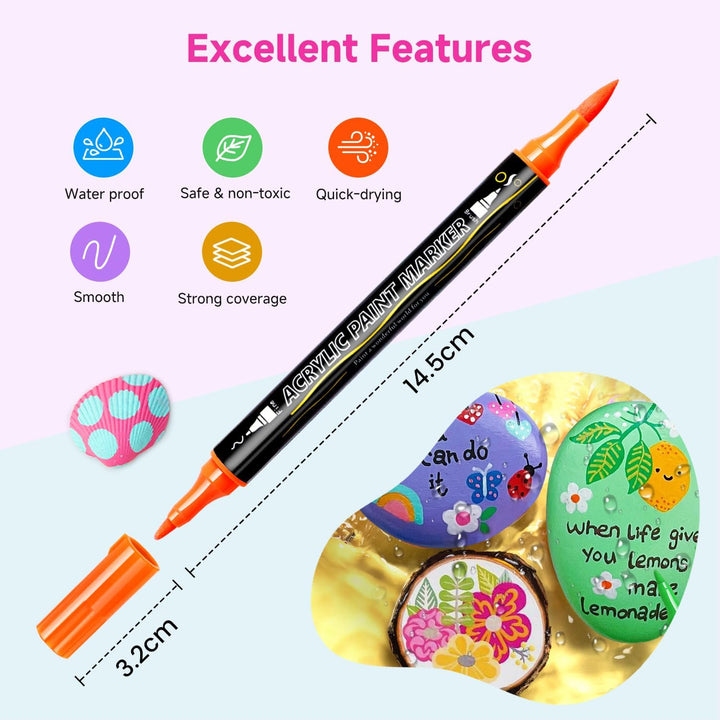 Acrylstifte Set 72 Farben, Dual Tip Acrylic Paint Marker mit Feiner Spitze und Pinsel, Acrylmarker W