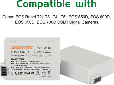 2X Shentec Li-ion 7.4V 1900mAh LP-E8 Akku für Canon EOS Batterie Rebel T2i T3i T4i T5i EOS 550D 600D