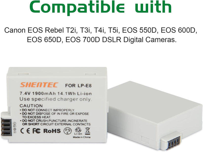 2X Shentec Li-ion 7.4V 1900mAh LP-E8 Akku für Canon EOS Batterie Rebel T2i T3i T4i T5i EOS 550D 600D