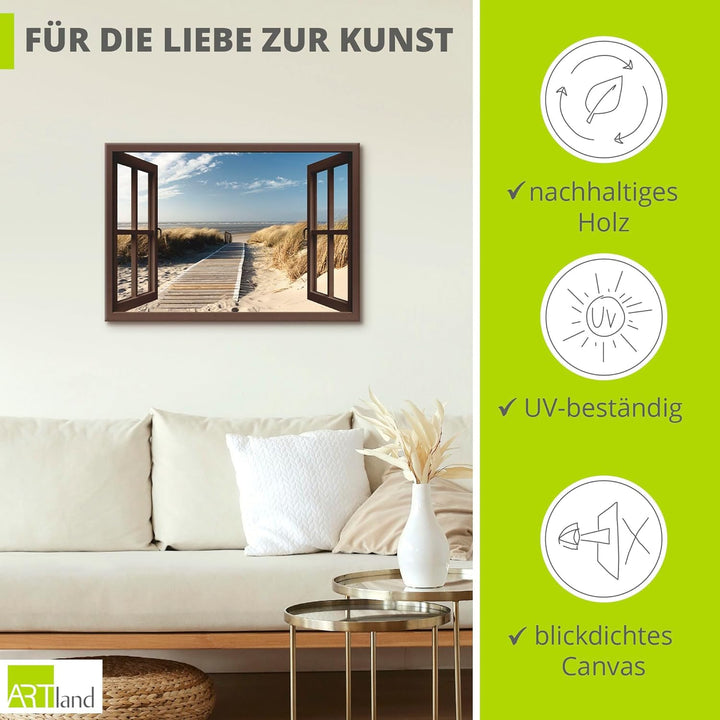 Artland Leinwandbild Wandbild Bild auf Leinwand 70x50 cm Wanddeko Fensterblick Fenster Strand Meer M
