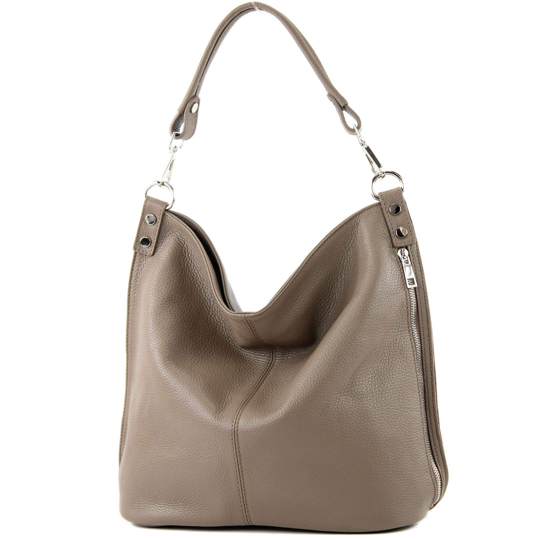 modamoda de - T177 - ital. Damen Schultertasche aus Leder Taupe, Taupe