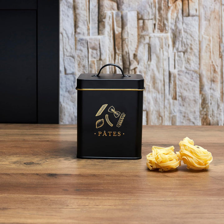 COOK CONCEPT, BT6821, Elegant Metal Box for Pasta, Black and Gold Design, airtight for optimal Prese
