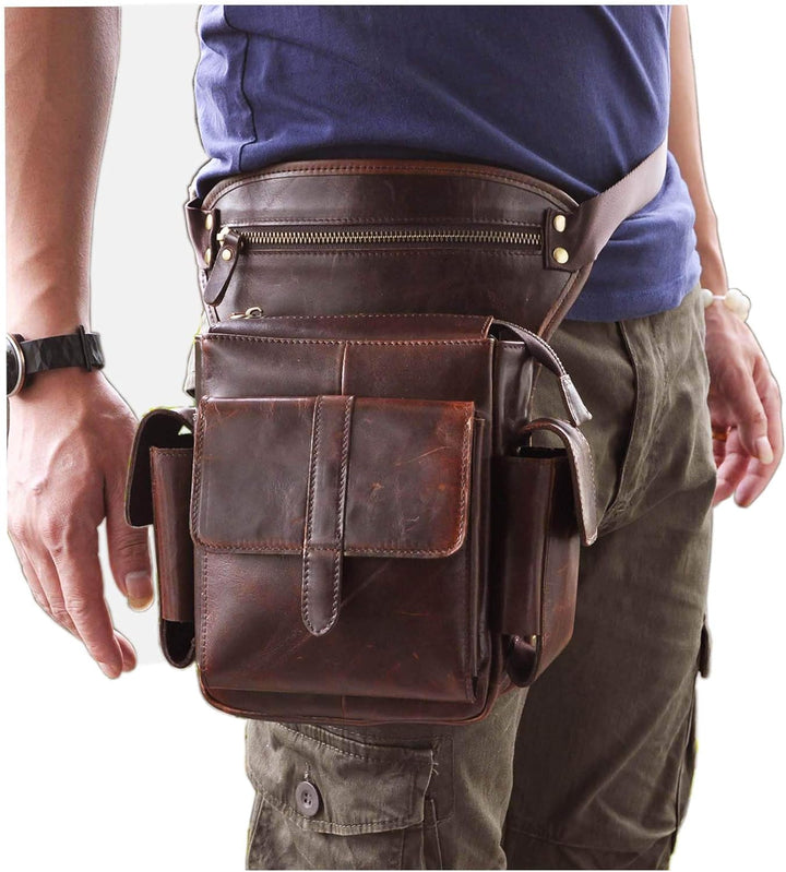 Le'aokuu Herren Echtes Leder Hüfttasche Gürteltasche Bauchtasche Reissverschluss Motorrad Messenger