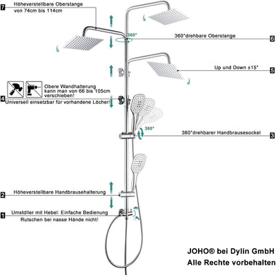JOHO Duschset ohne Armatur, Chrom Duschstangeset Duschsäuleset, Regendusche Duschsystem mit Duschkop