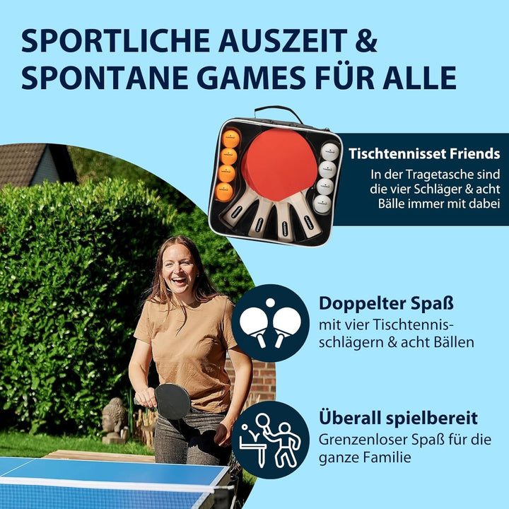 HUDORA Tischtennis Set Friends - hochwertiges Tischtennisschläger Set mit 4 Schlägern &amp; 8 Bällen - P