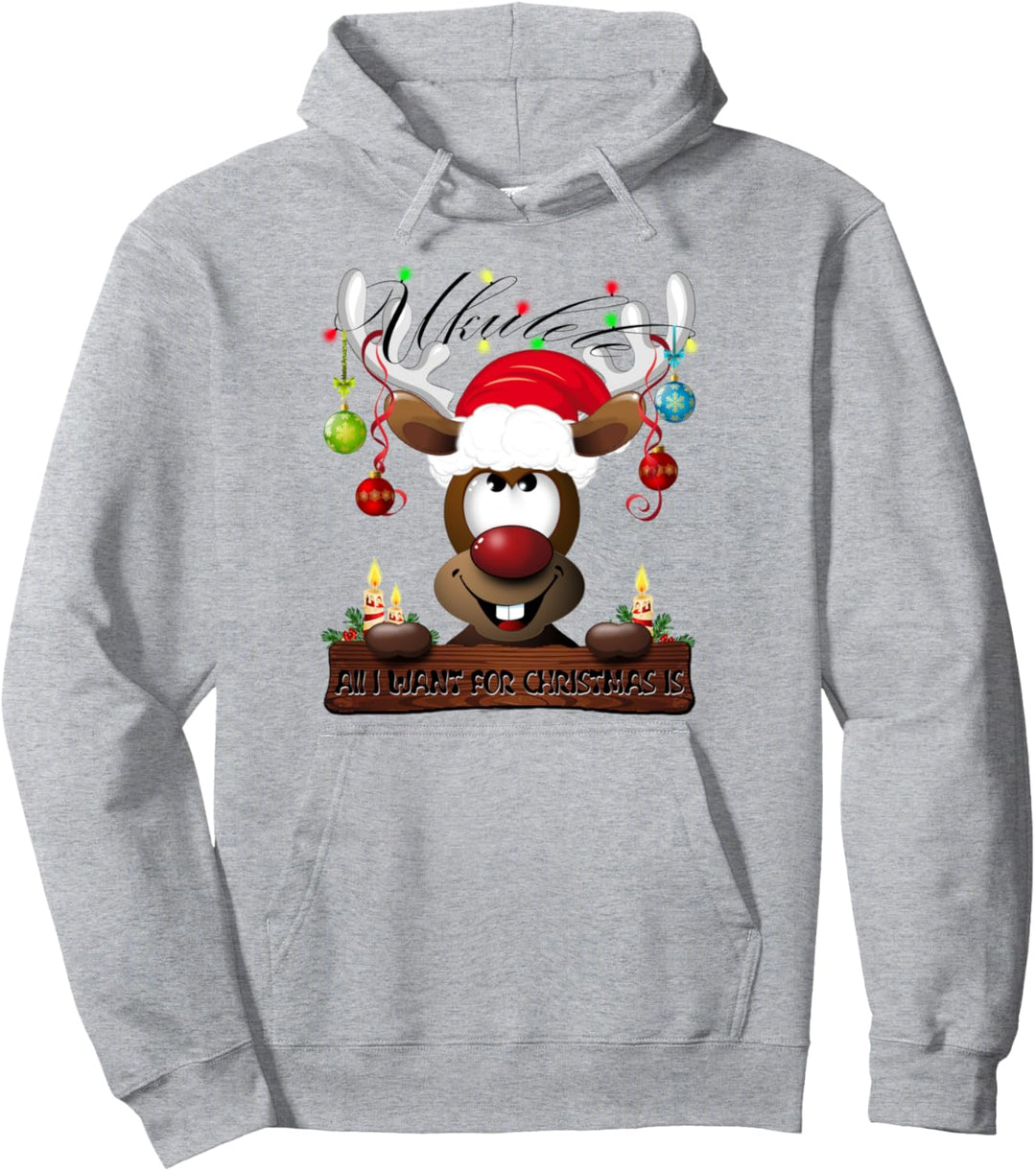 Christmas Cute and Funny Santa Reindeer Who wants a UKULELE Pullover Hoodie
