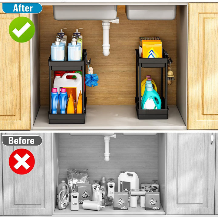 StowBin Küchen Organizer - 2 Pack Unter Waschbecken Regal mit 4 Haken &1 Tassen, Organizer Küche, Ba